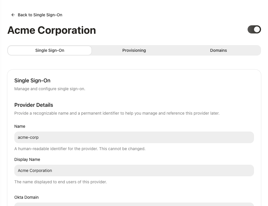 SSO Provider Edit Component Loading Preview