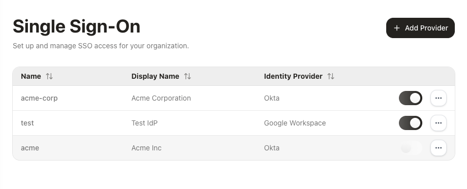 SSO Provider Table Component Loading Preview